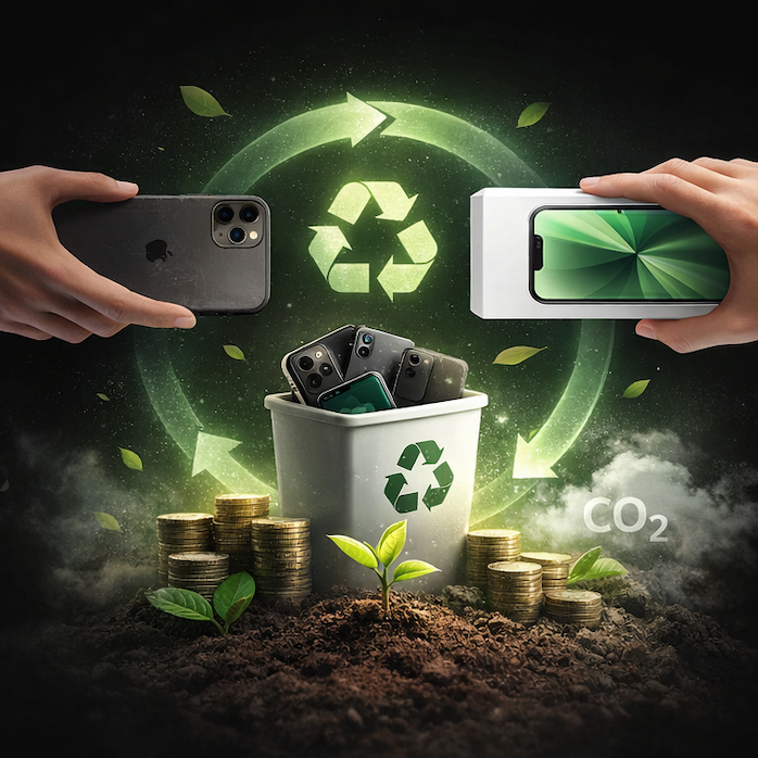 Two hands holding smartphones with a recycling bin and greenery in the background, symbolizing eco-friendly technology.